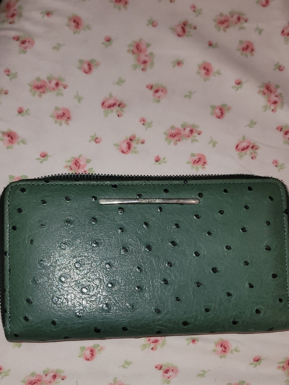 Ostrich  Dark Green Zip Wallet with Silver Accent